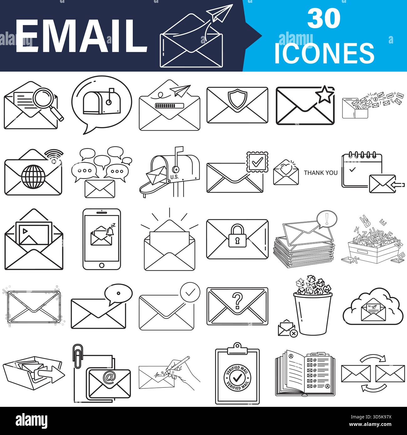 E-mail et icônes de ligne de communication ensemble, divers concepts de message vecteur Illustration de Vecteur