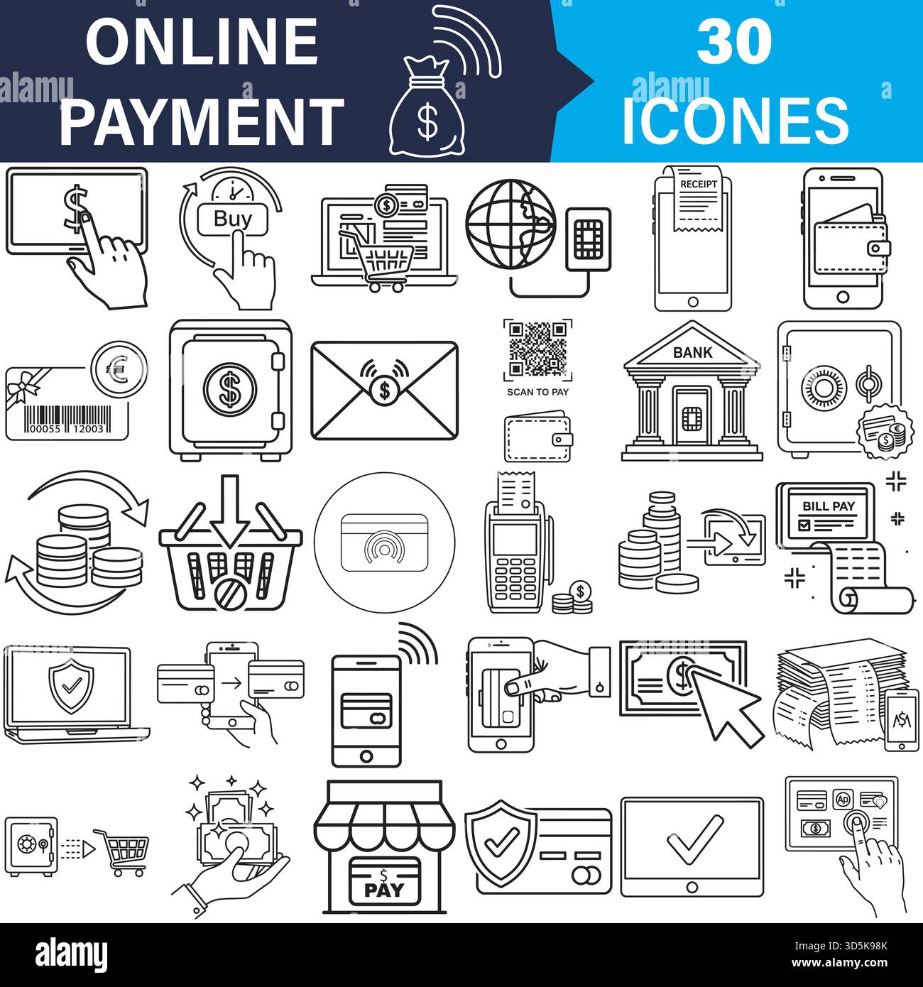 Banque mobile, paiement en ligne, e-commerce et icônes de ligne de financement vecteur Illustration de Vecteur