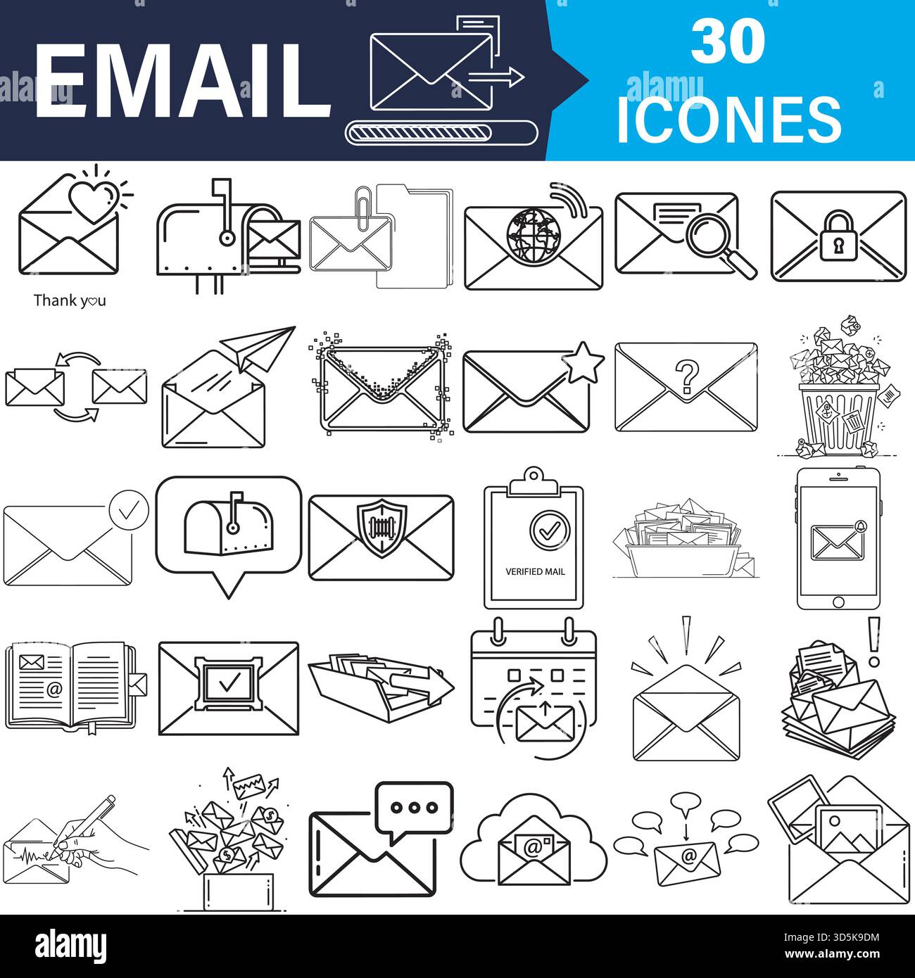 E-mail et icônes de ligne de communication ensemble, divers concepts de message vecteur Illustration de Vecteur