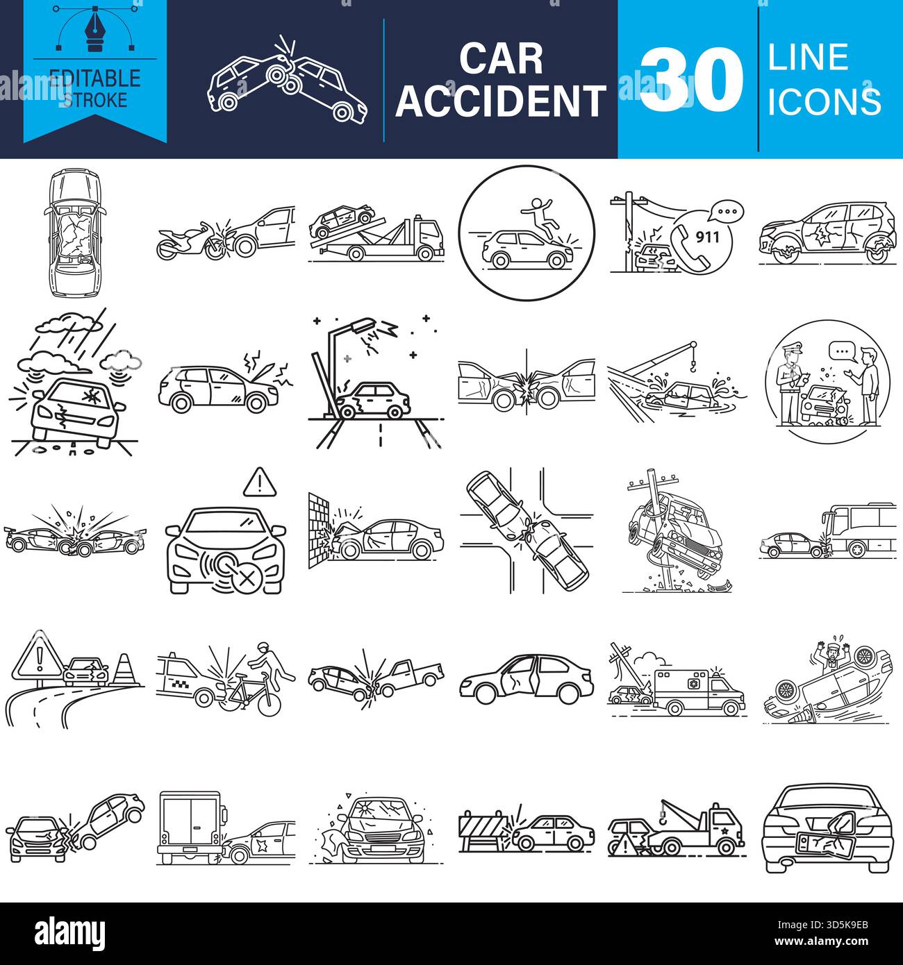 Icônes de ligne d'accident de voiture définies, illustrations vectorielles de course modifiables vecteur Illustration de Vecteur