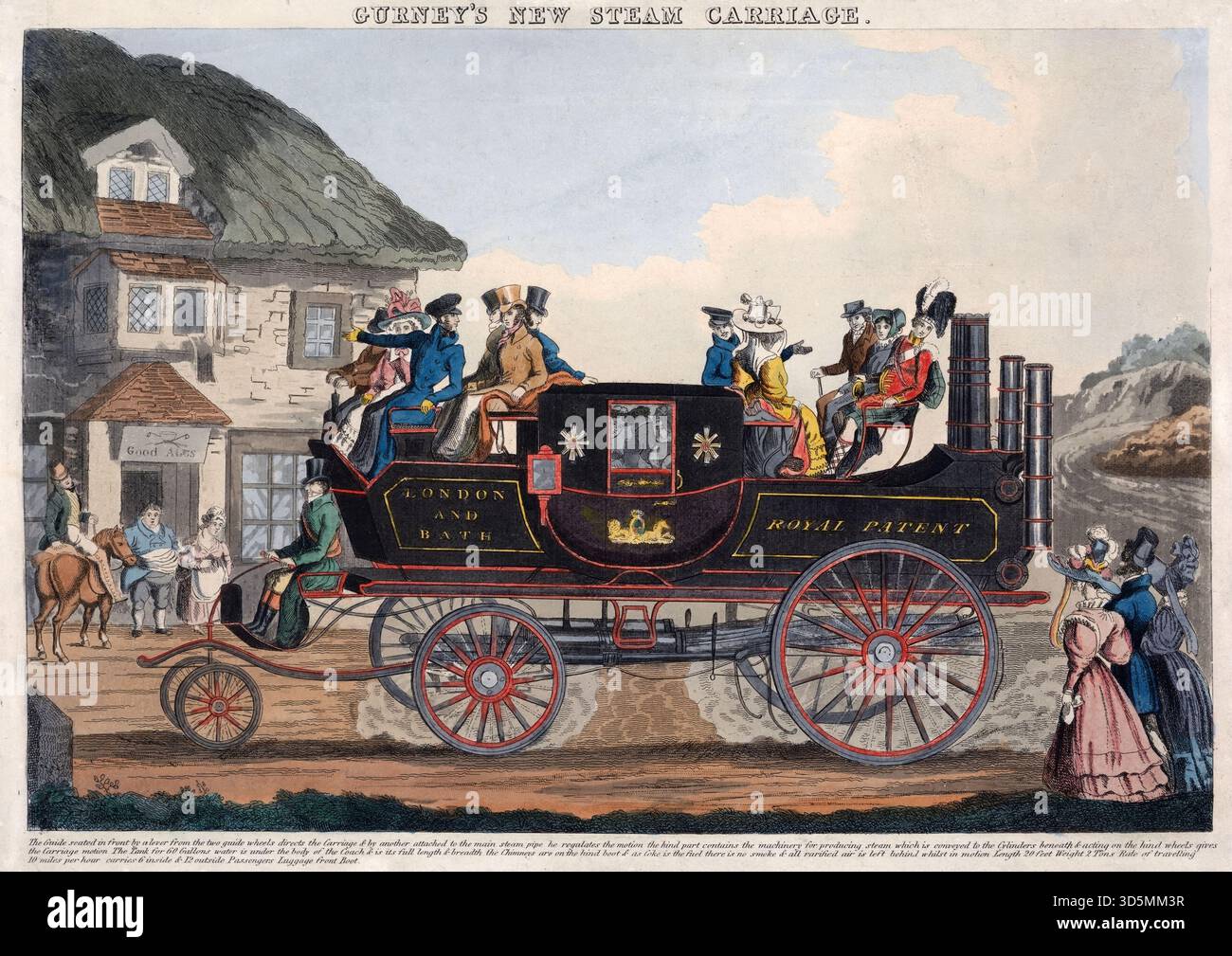 Gravure aquarelle de Gurneys New Steam Carriage 1829 aquarelle art art archive vintage print historique perspective earl 19th Century transport invention Banque D'Images