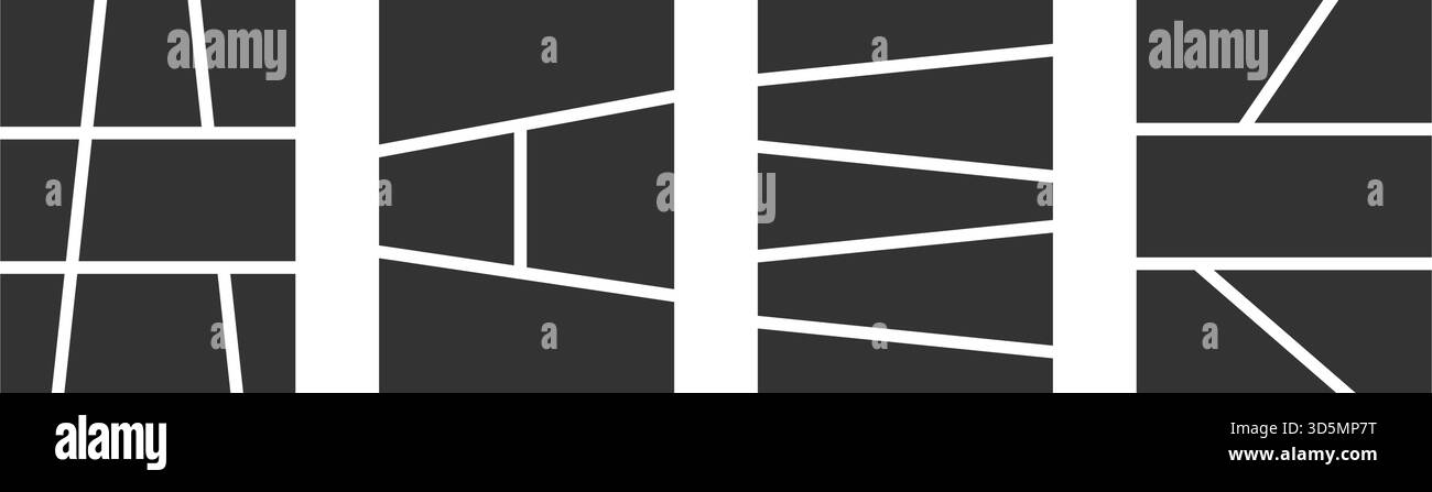 Ensemble de modèles de page de roman graphique. Panneaux noirs de bande dessinée anime isolés sur fond blanc. Grilles pour storyboard manga, collage photo, magazine, affiche ou brochure. Illustration vectorielle. Illustration de Vecteur