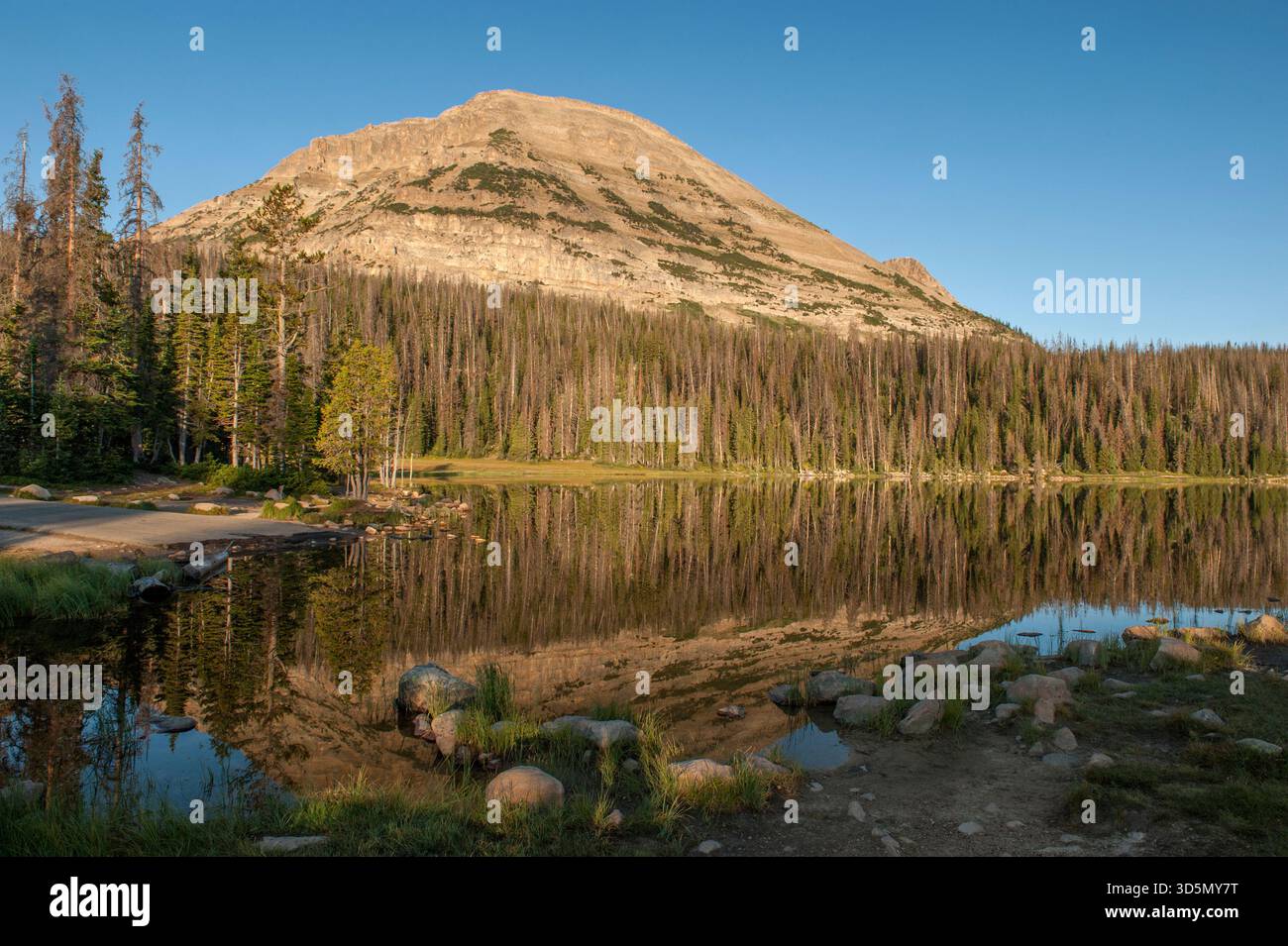 Lumière du lever du soleil sur Bald Mountain, reflétant dans Mirror Lake, dans les montagnes Uinta de l'Utah Banque D'Images