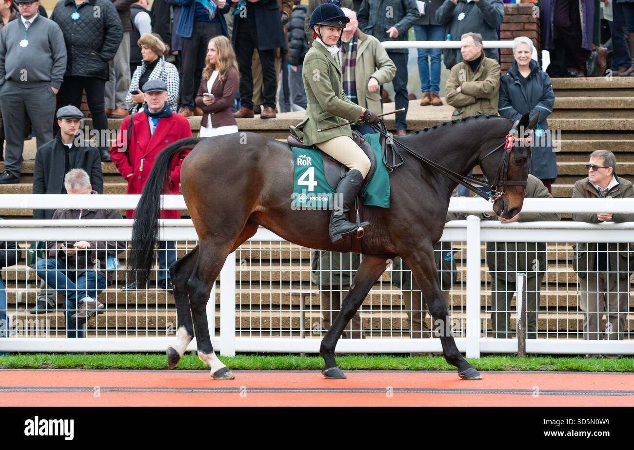 Frodon et la cavalière Philippa Hyde participent à la parade de recyclage des chevaux de course, Cheltenham, 15/11/25. Crédit JTW Equine images / Alamy. Banque D'Images