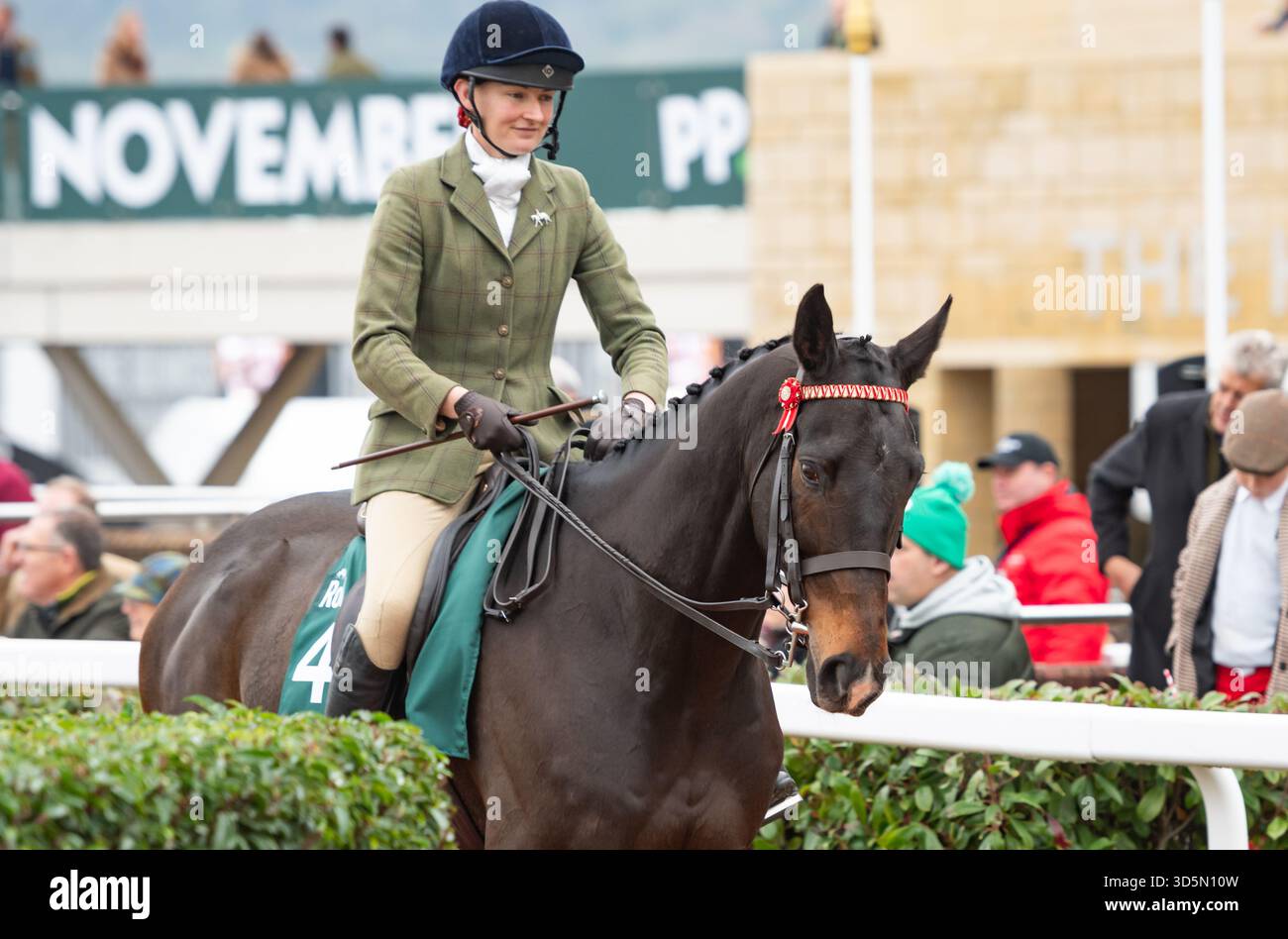 Frodon et la cavalière Philippa Hyde participent à la parade de recyclage des chevaux de course, Cheltenham, 15/11/25. Crédit JTW Equine images / Alamy. Banque D'Images
