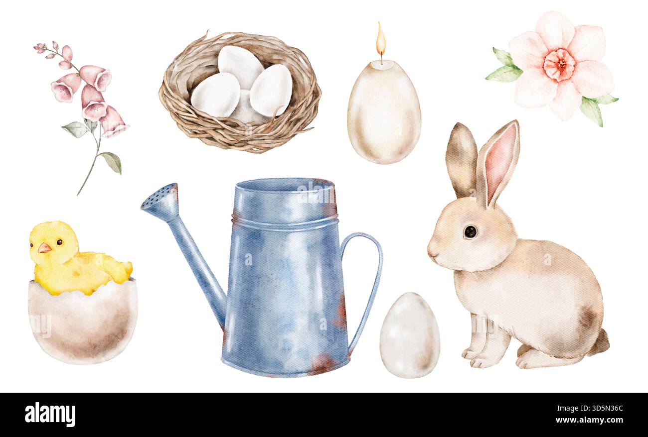 Aquarelle ensemble clipart de Pâques comprenant un lapin, nid avec des oeufs, des fleurs, cruche en métal, poussin, et éléments décoratifs. Parfait pour cartes, affiches, pack Banque D'Images