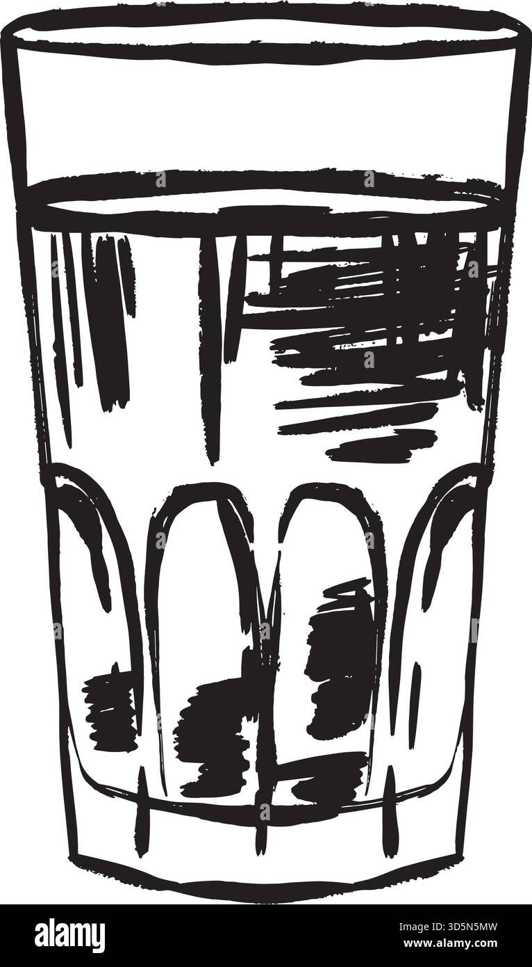 Verre d'eau de croquis à l'encre, traits de stylo audacieux, reflets arqués et ombrage hachuré, isolé sur fond blanc, calme confortable, illustration vectorielle noire et blanche dessinée à la main dans le style de dessin au trait. Illustration de Vecteur