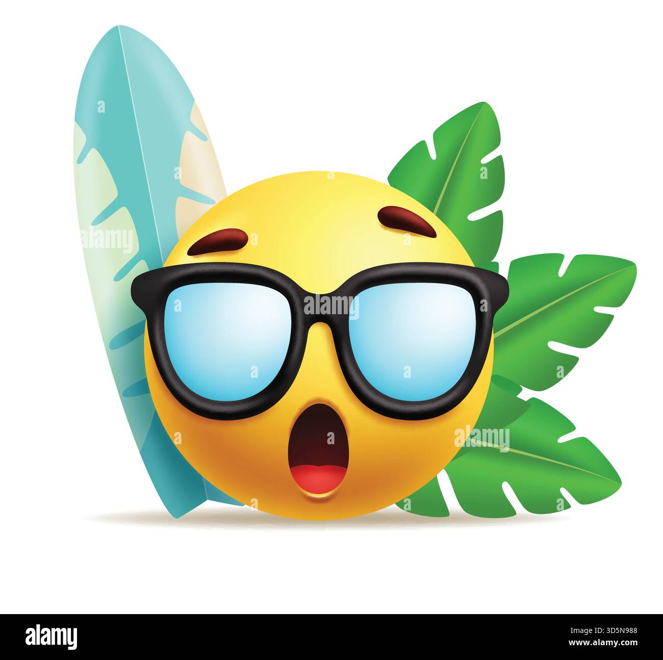 Emoji été cool émoticône caractère clipart. Cool emoji portant des lunettes de soleil clip art dans la réaction de choc avec planche de surf et feuilles de palmier tropical plage Illustration de Vecteur