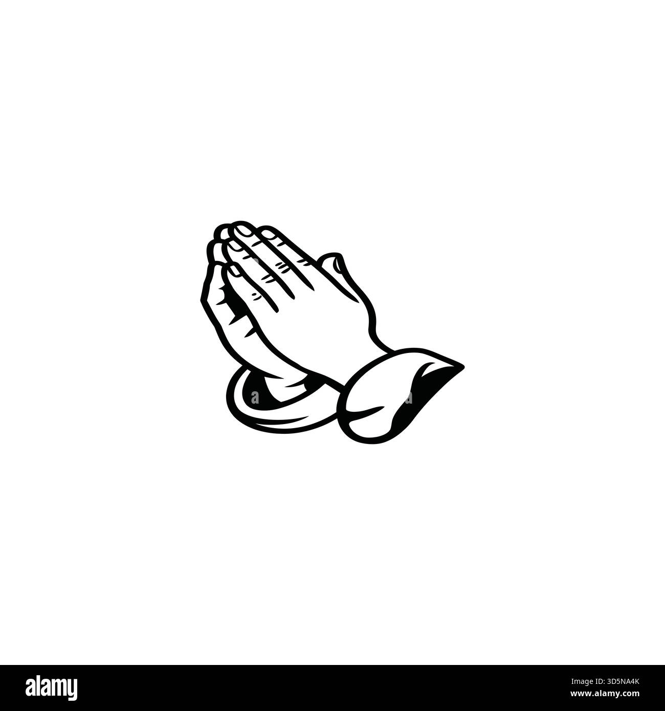 Un simple dessin au trait noir et blanc de deux mains serrées ensemble dans un geste de prière, placées sur un fond blanc. Illustration de Vecteur