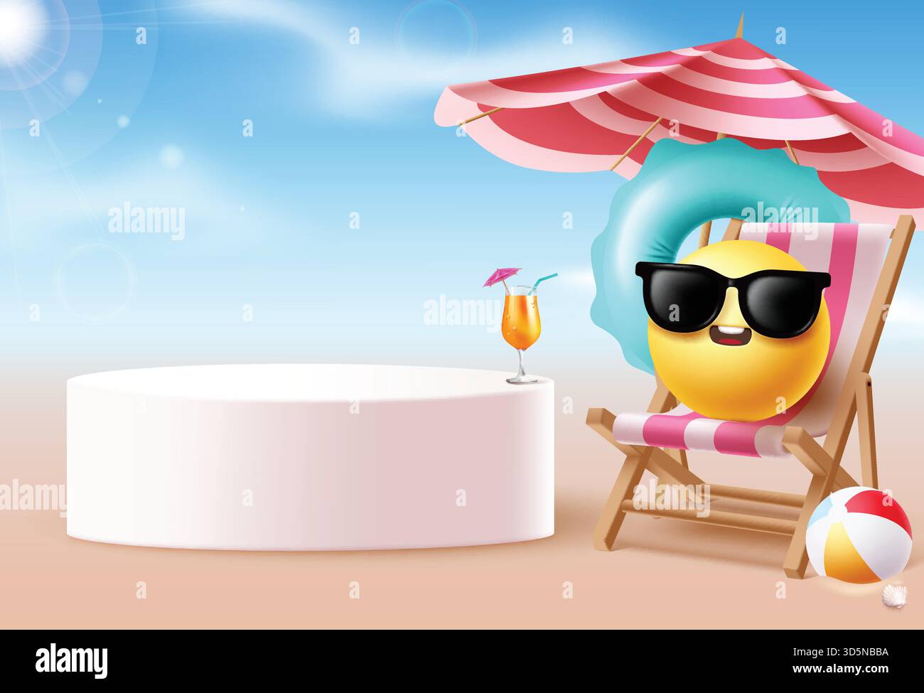 Design de modèle de clipart de podium blanc d'été. Art clip podium d'été pour l'affichage de promotion tropicale avec parasol, chaise, caractère emoji cool Illustration de Vecteur