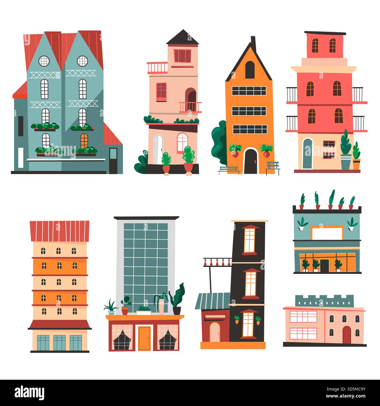 Vieux bâtiments de ville, maisons isolées et maisons constructions résidentielles de personnes. Centre-ville ou quartier, gratte-ciel et tours, bureaux de travail, Illustration de Vecteur