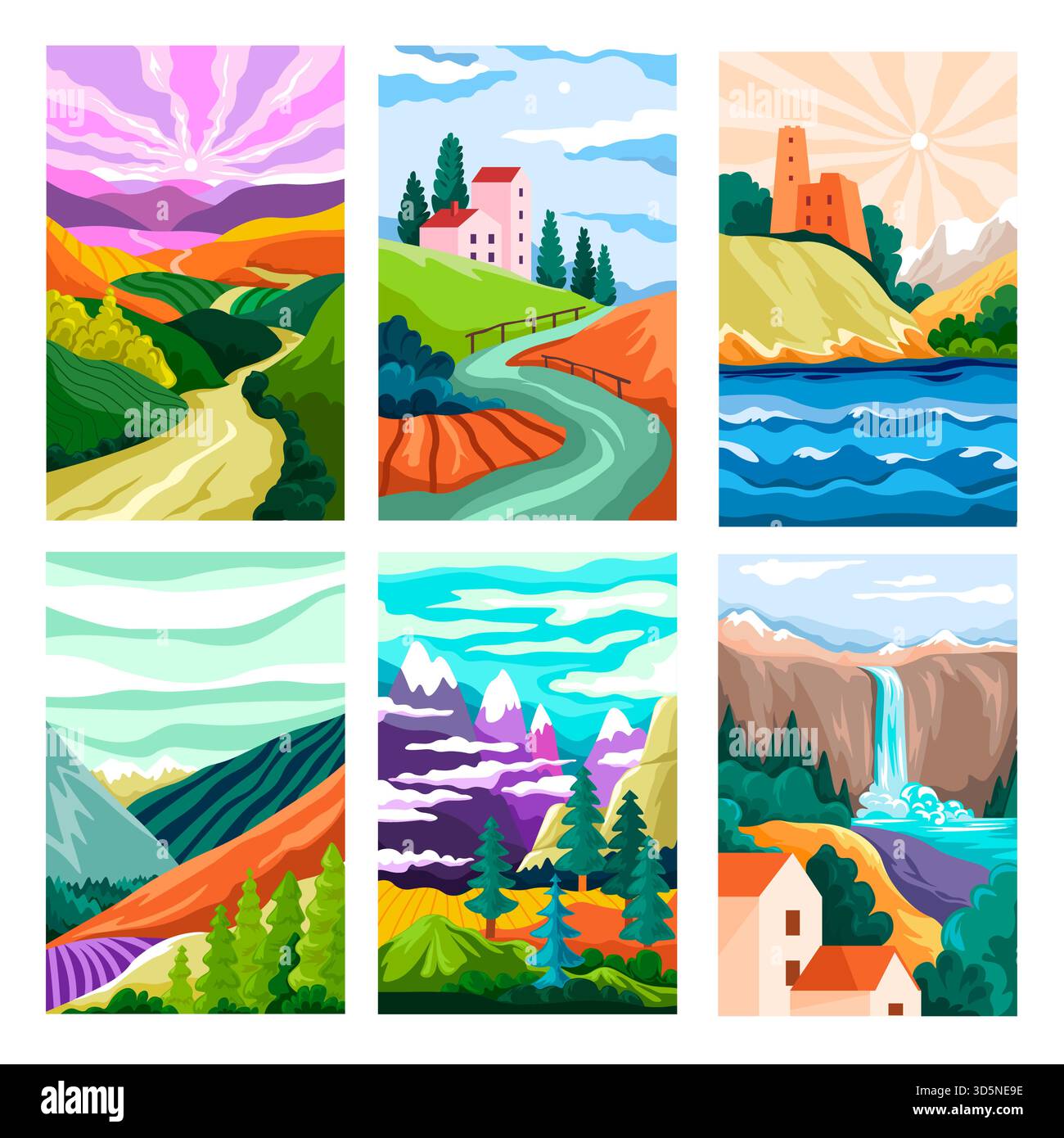 Paysage naturel ou paysage avec cascade, montagnes et forêt, lac et rivière. Champs de la ville et maisons monuments. Vue avec arbres et herbe. Naturel Illustration de Vecteur