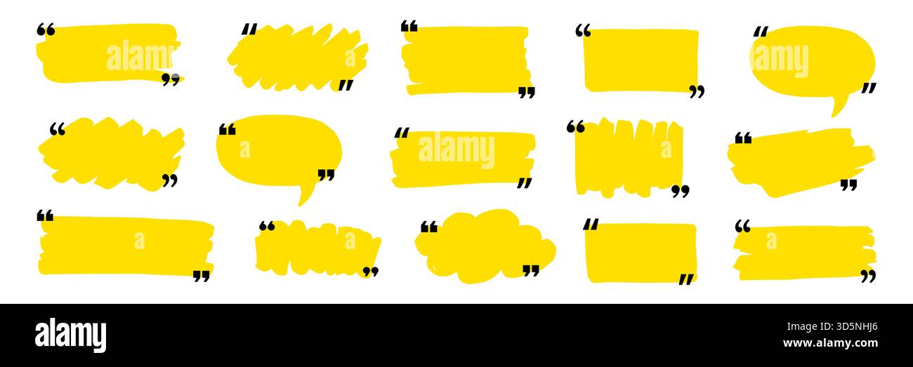 Jeu de cadres de zone de texte guillemets. Fond du bloc de texte de texte de contour de pinceau de marqueur dessiné à la main. Discours de dialogue de guillemets, carré, modèle de conception de bannière de chat. Illustration vectorielle Illustration de Vecteur