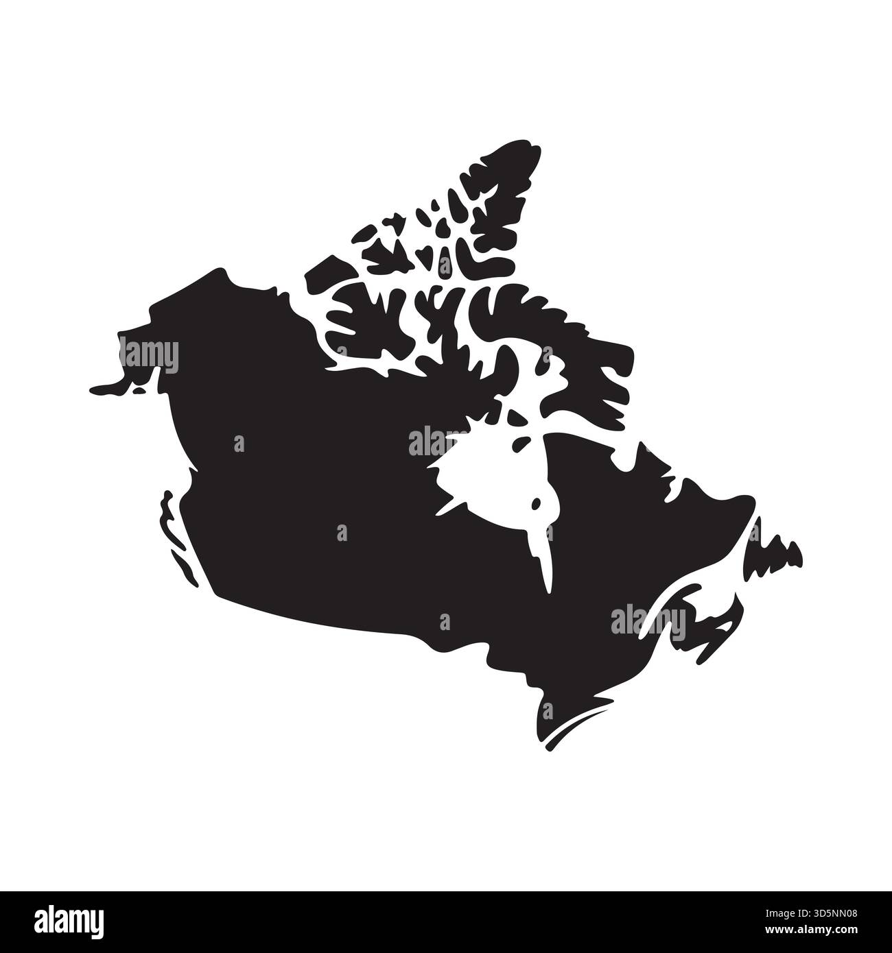 Une silhouette noire frappante du contour géographique du Canada, mettant en valeur ses îles et sa forme continentale sur un fond blanc. Illustration de Vecteur