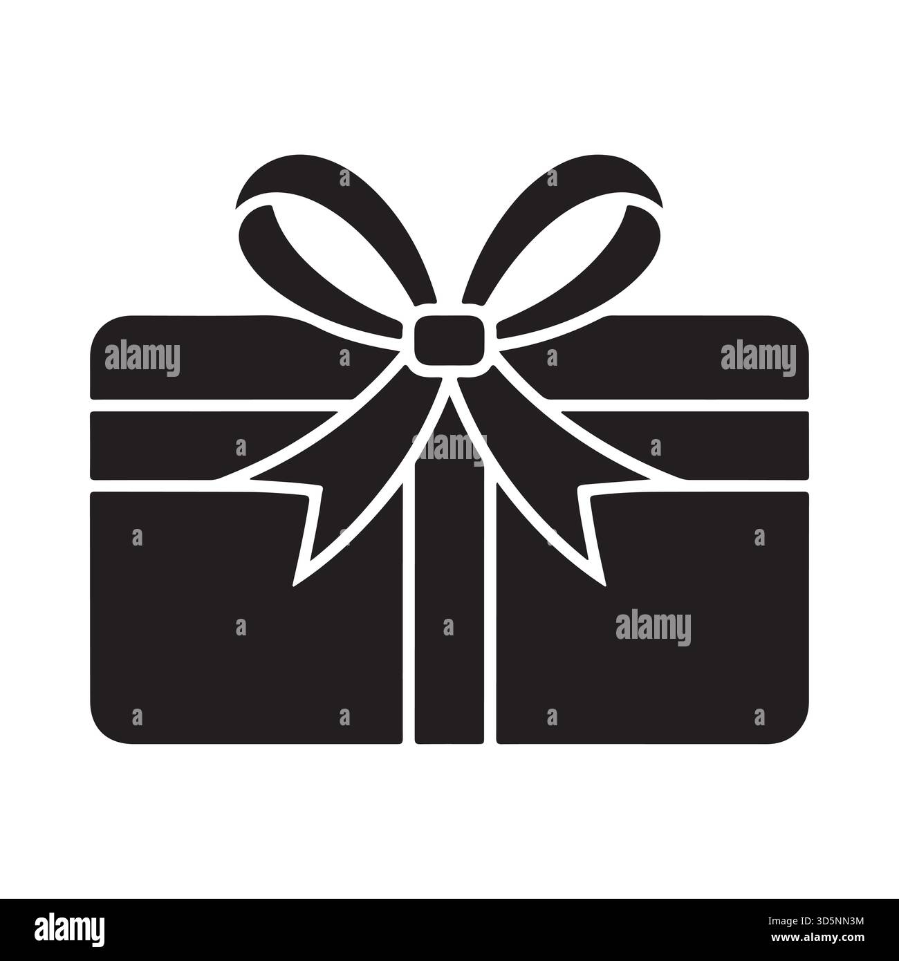 Une icône minimaliste en noir et blanc représentant une boîte cadeau emballée avec un noeud proéminent, parfaite pour une utilisation numérique ou imprimée. Illustration de Vecteur