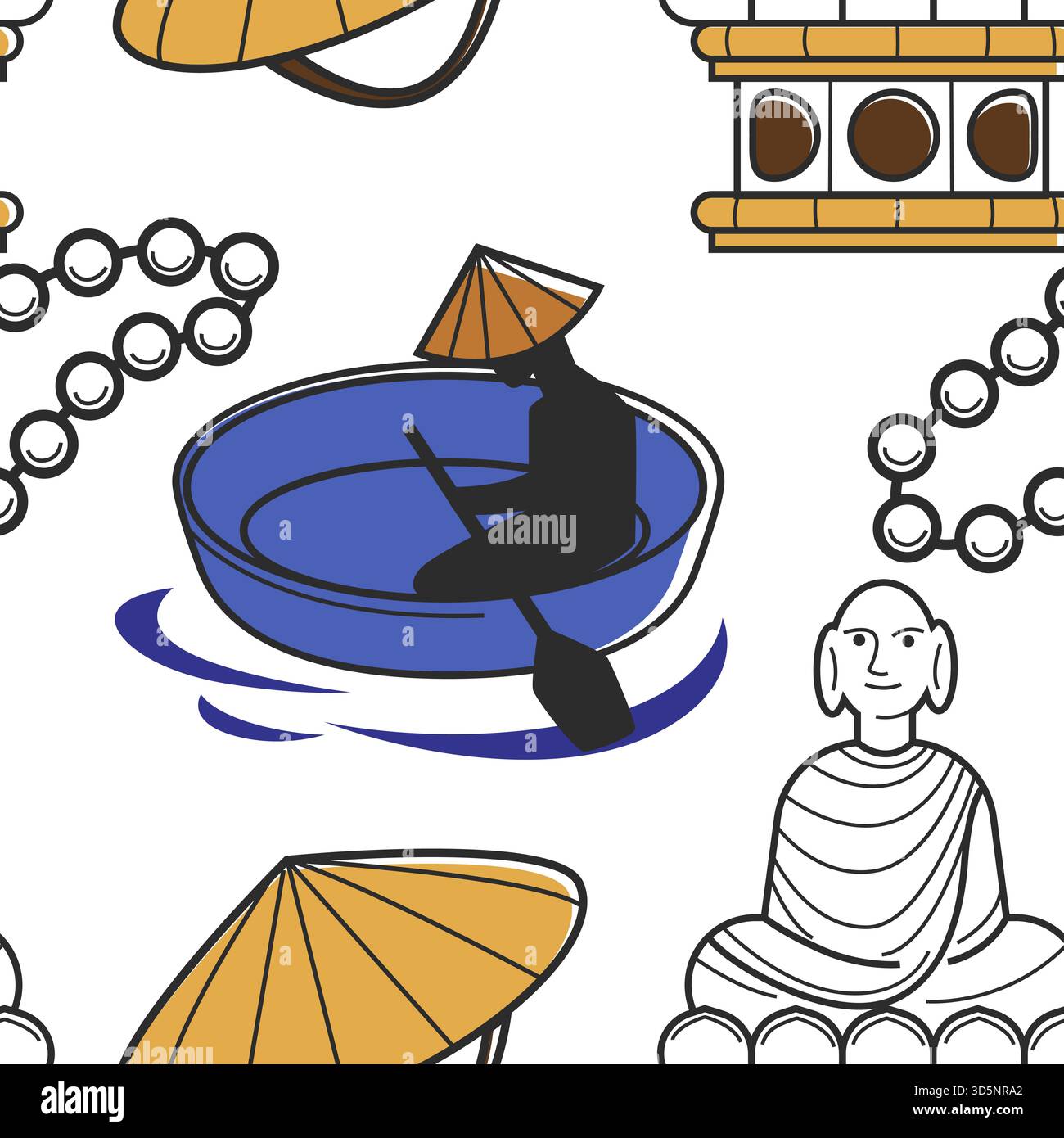 Vietnam symboles homme dans le bateau dans le chapeau vietnamien avec l'rame et la statue de Bouddha Seamless Pattern vecteur fisher dans l'architecture de navire et perles h traditionnel Illustration de Vecteur