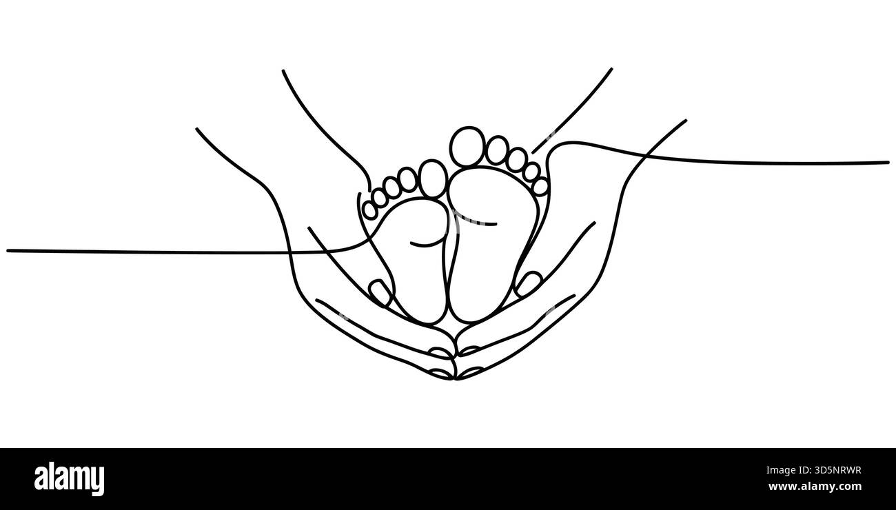 Dessin en ligne continue des mains d'adultes qui bercent doucement les pieds du nouveau-né Illustration de Vecteur