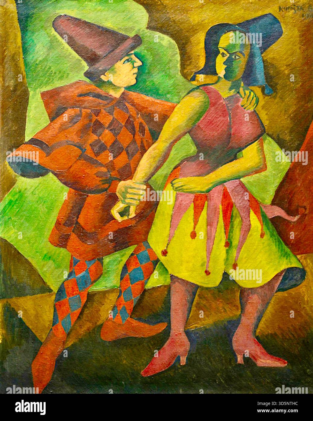 Bohumil Kubišta - Arlequin et Columbine - 1911 - le tableau représente les personnages classiques de la Commedia dell'Arte, Arlequin et Columbine, dans un style dynamique et d'influence cubiste. Banque D'Images