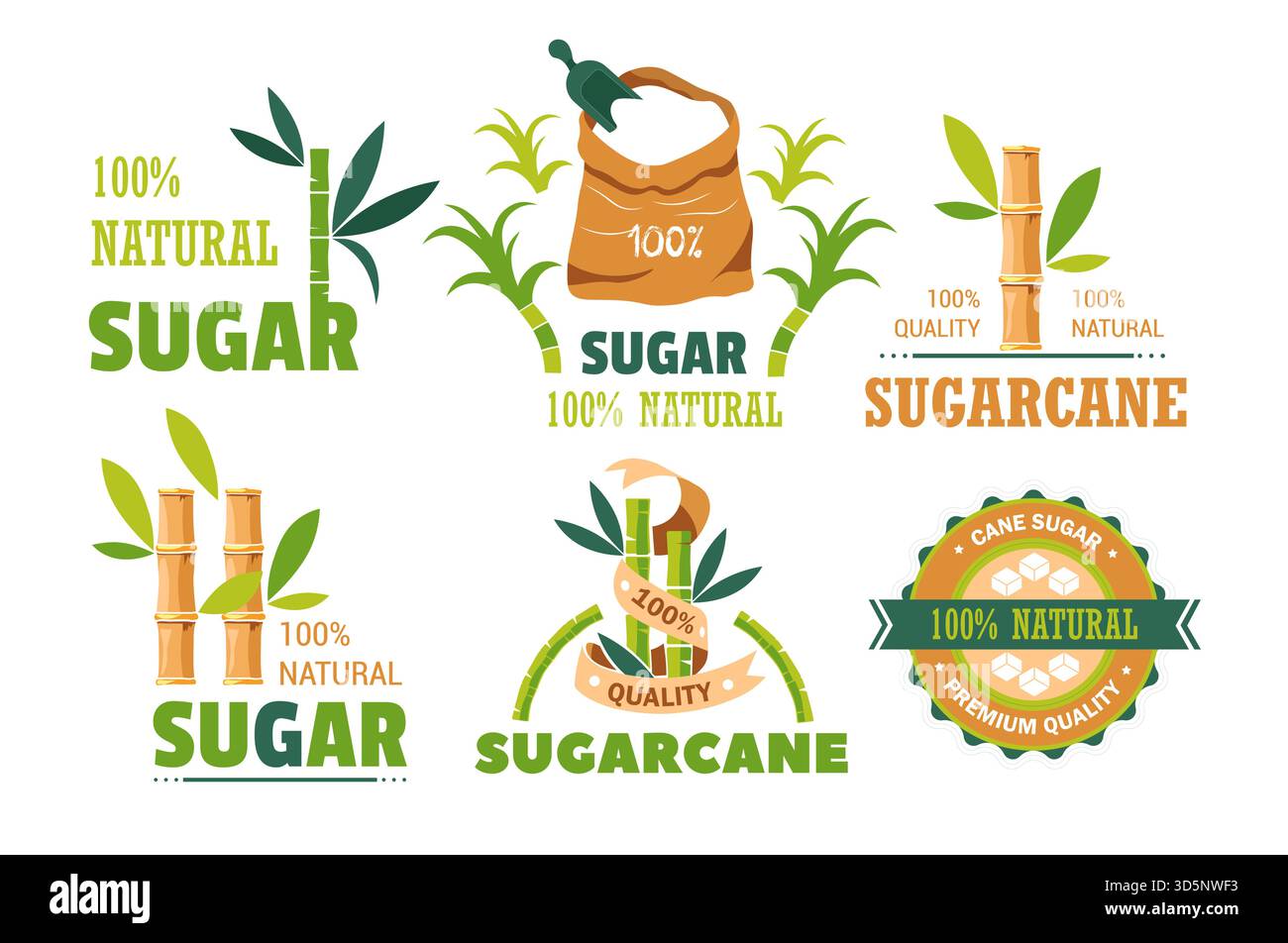Condiment sucré produit de canne à sucre icônes vectorielles isolées sucre plante édulcorant alimentaire biologique en forme de cube ou additif de structure de sable ou supplem naturel Illustration de Vecteur