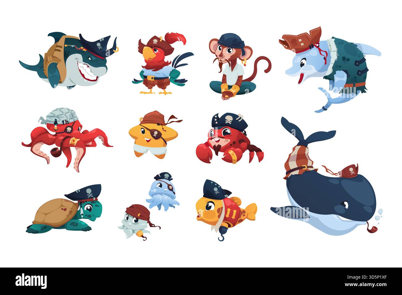 Animaux marins pirates. Animaux nautiques de dessins animés portant des chapeaux de pirate et des bandanas, mignon poisson brave requin singe perroquet crabe et tortue. Omble marin vectoriel Illustration de Vecteur