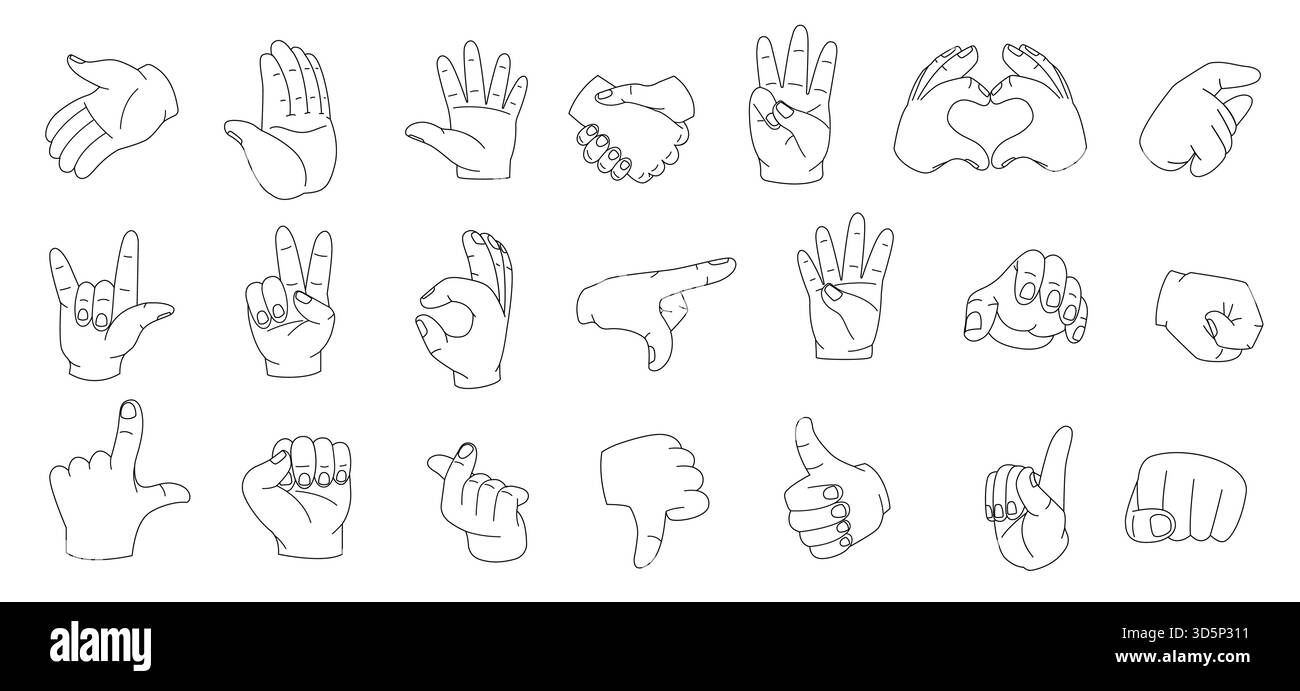 Gestes linéaires de la main. Femme mains différentes pose un style linéaire minimal, dessiner des silhouettes de paume simples avec des doigts pointant un toucher délicat. Vecteur c Illustration de Vecteur