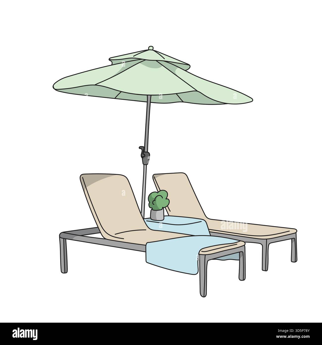 Parasol de plage avec paire de chaises longues illustration vecteur dessiné à la main avec des lignes noires Illustration de Vecteur