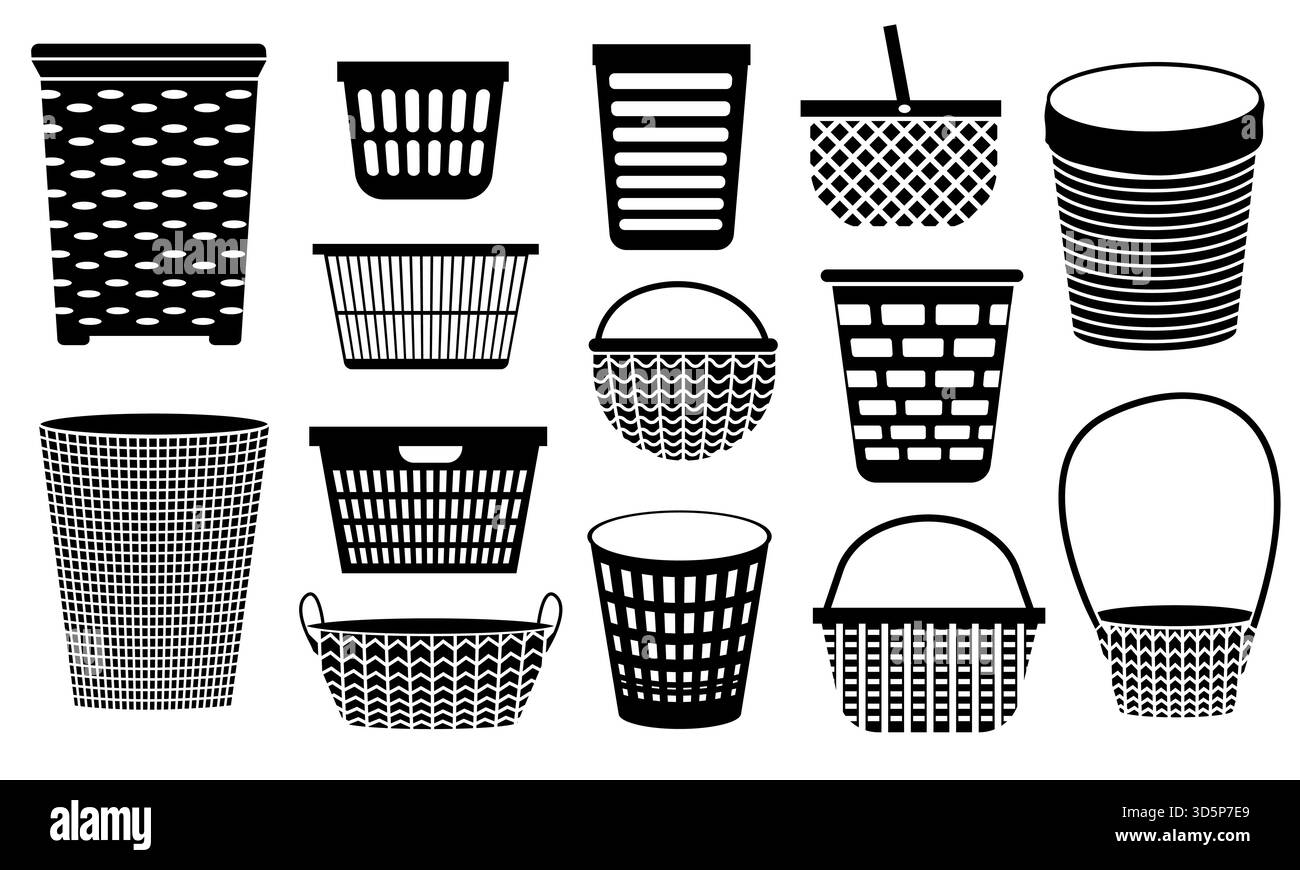 Icônes noires du panier en osier. Panier de pique-nique tissé à la main pour fruits et légumes, décoration rurale naturelle pour la conception de logo. Ensemble isolé de vecteur. Dôme Illustration de Vecteur