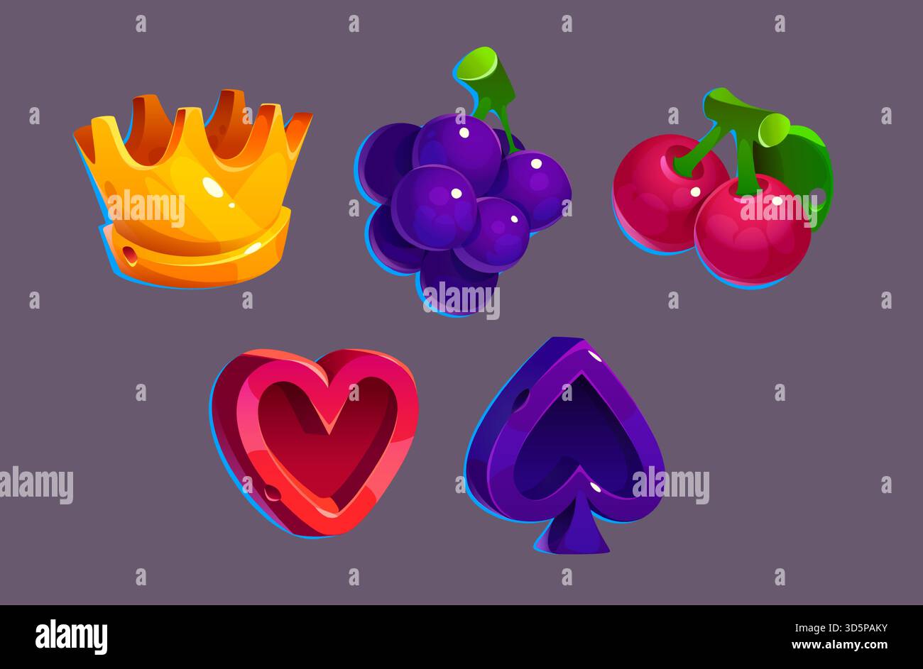 Icônes colorées de machines à sous de casino avec couronne dorée, raisins violets, cerises rouges, symboles de cœur et de pique. Éléments de fruits brillants et costumes de cartes pour la barre de jeu jackpot ou match trois design d'interface. Illustration de Vecteur