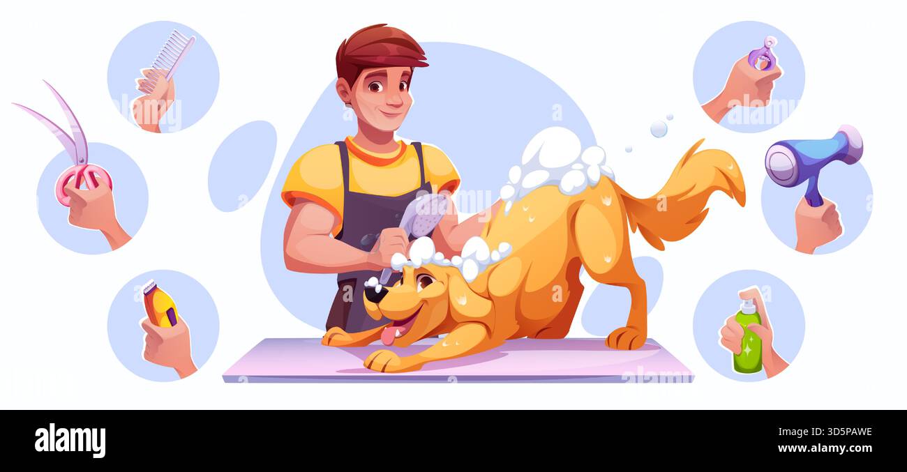 Illustration professionnelle de toilettage d'animal de compagnie avec chien mignon dans le salon. Personnage de dessin animé vectoriel de chiot lavant toiletteur avec shampooing et douche. Conception de service de soins de spa pour animaux avec équipement moderne. Illustration de Vecteur