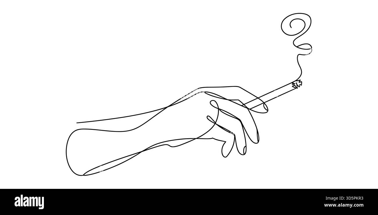 Dessin au trait continu d'une main tenant une cigarette allumée avec montée de fumée Illustration de Vecteur