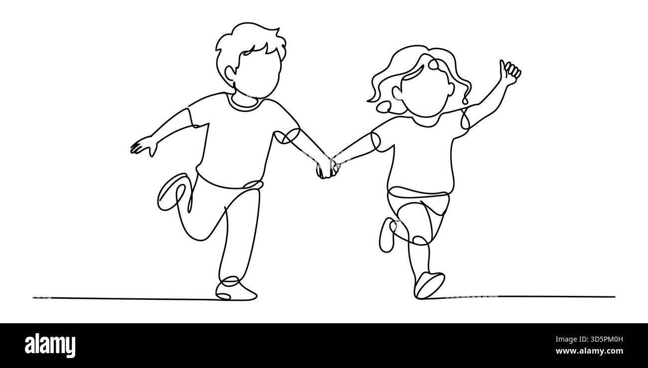Dessin au trait continu de deux enfants heureux qui courent et se tiennent la main. Illustration de Vecteur