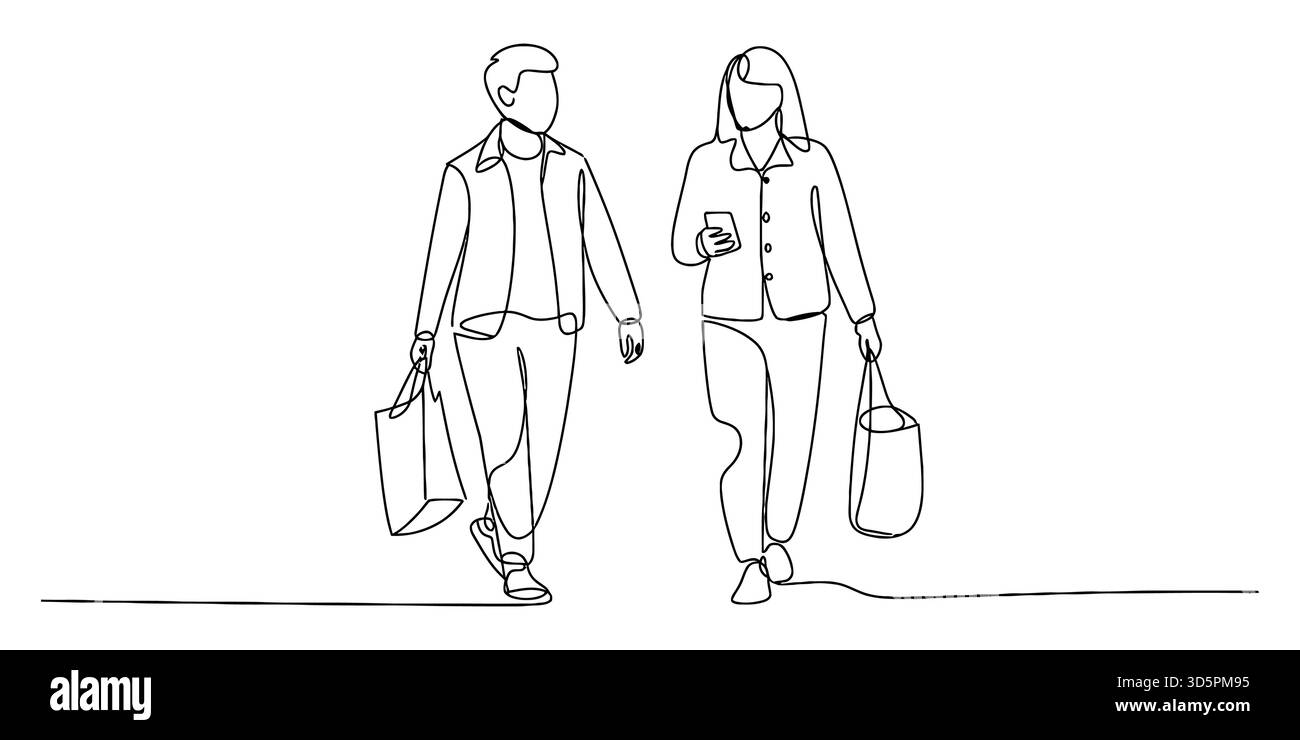 Dessin au trait continu d'un couple marchant avec des sacs à provisions, consumérisme Illustration de Vecteur