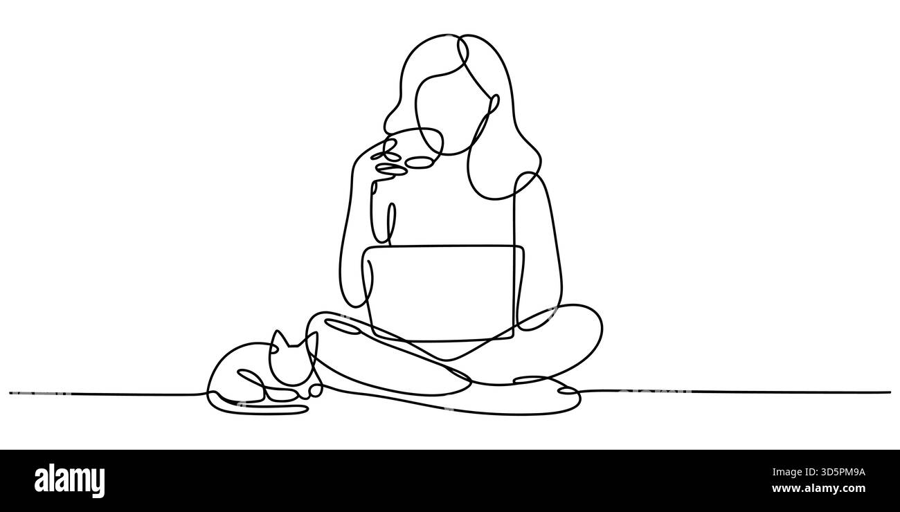 Femme travaillant sur ordinateur portable avec chat, dessin d'art à une ligne, concept de travail à distance Illustration de Vecteur