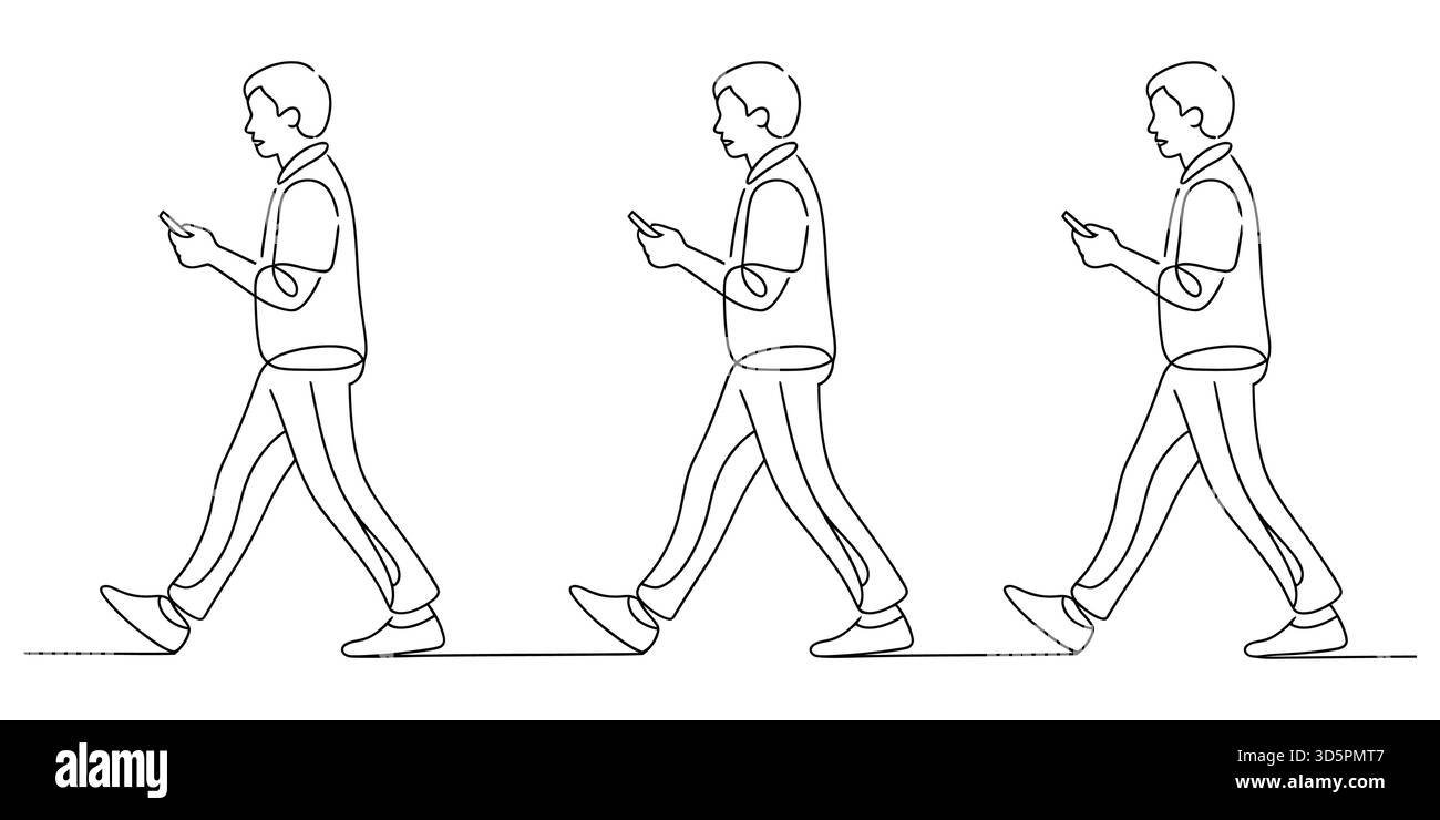 Homme dessinant une ligne continue unique marchant engagé avec un appareil smartphone Illustration de Vecteur