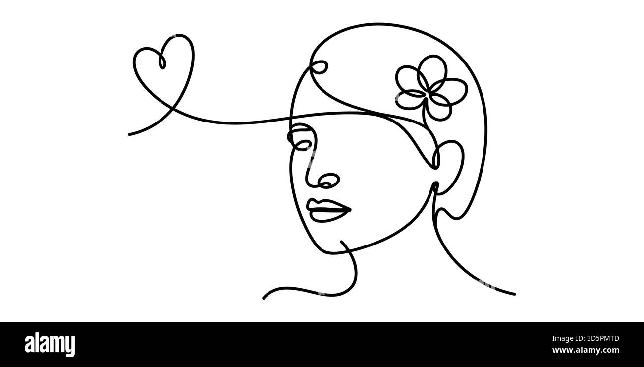 Dessin d'art au trait du visage d'une femme avec un symbole de fleur et de coeur Illustration de Vecteur