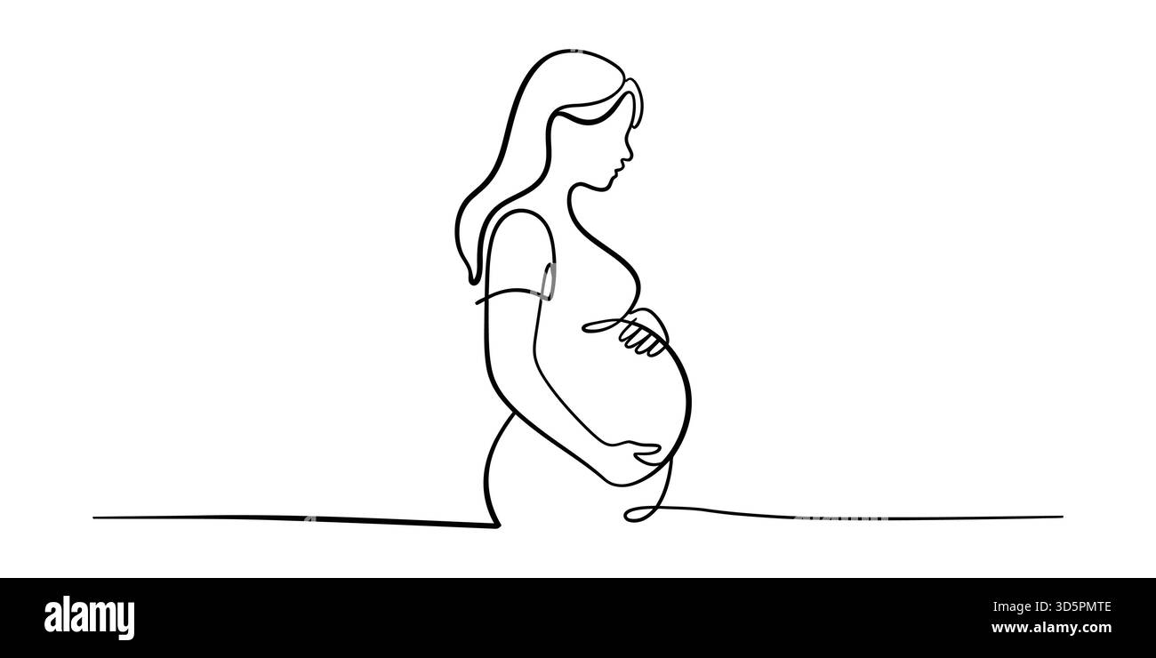 Art en ligne continue d'une femme enceinte berçant son ventre, la maternité Illustration de Vecteur