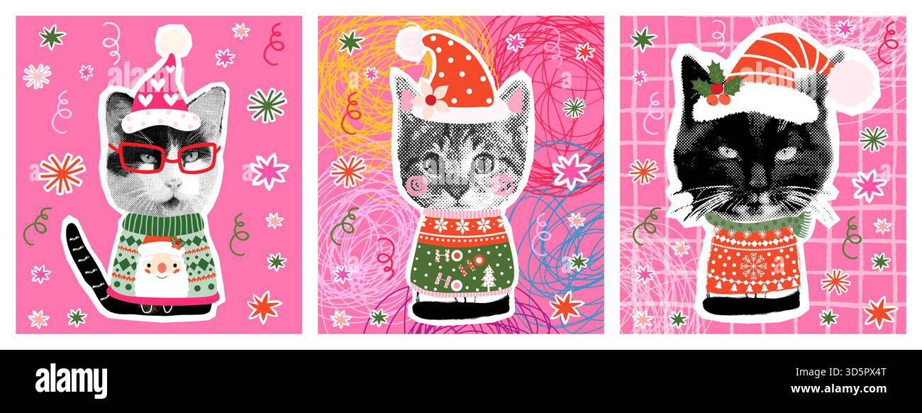 Ensemble de vecteur mignon avec des chats drôles avec des chandails de Noël laid, chapeaux de Père Noël, cartes de voeux de vacances de style collage demi-ton, affiches Illustration de Vecteur