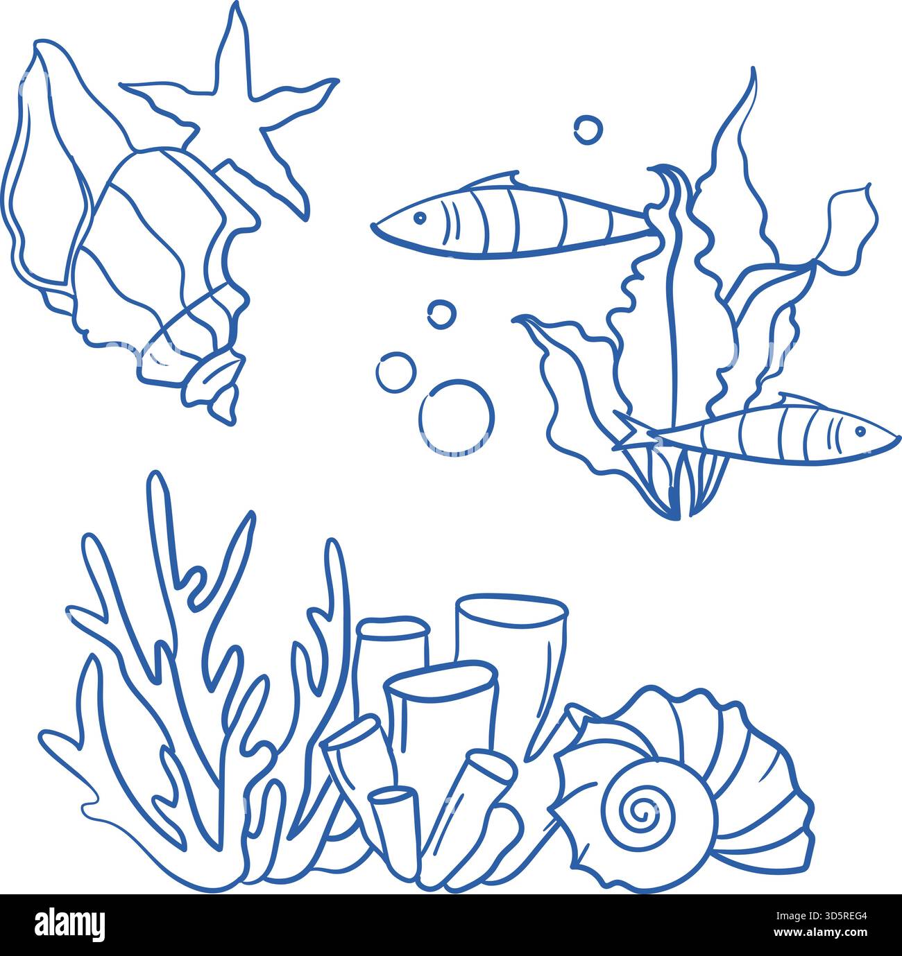 Compositions graphiques dessinées à la main avec des coquillages, poissons, corail, seastar et bulles dans un style méditerranéen Illustration de Vecteur