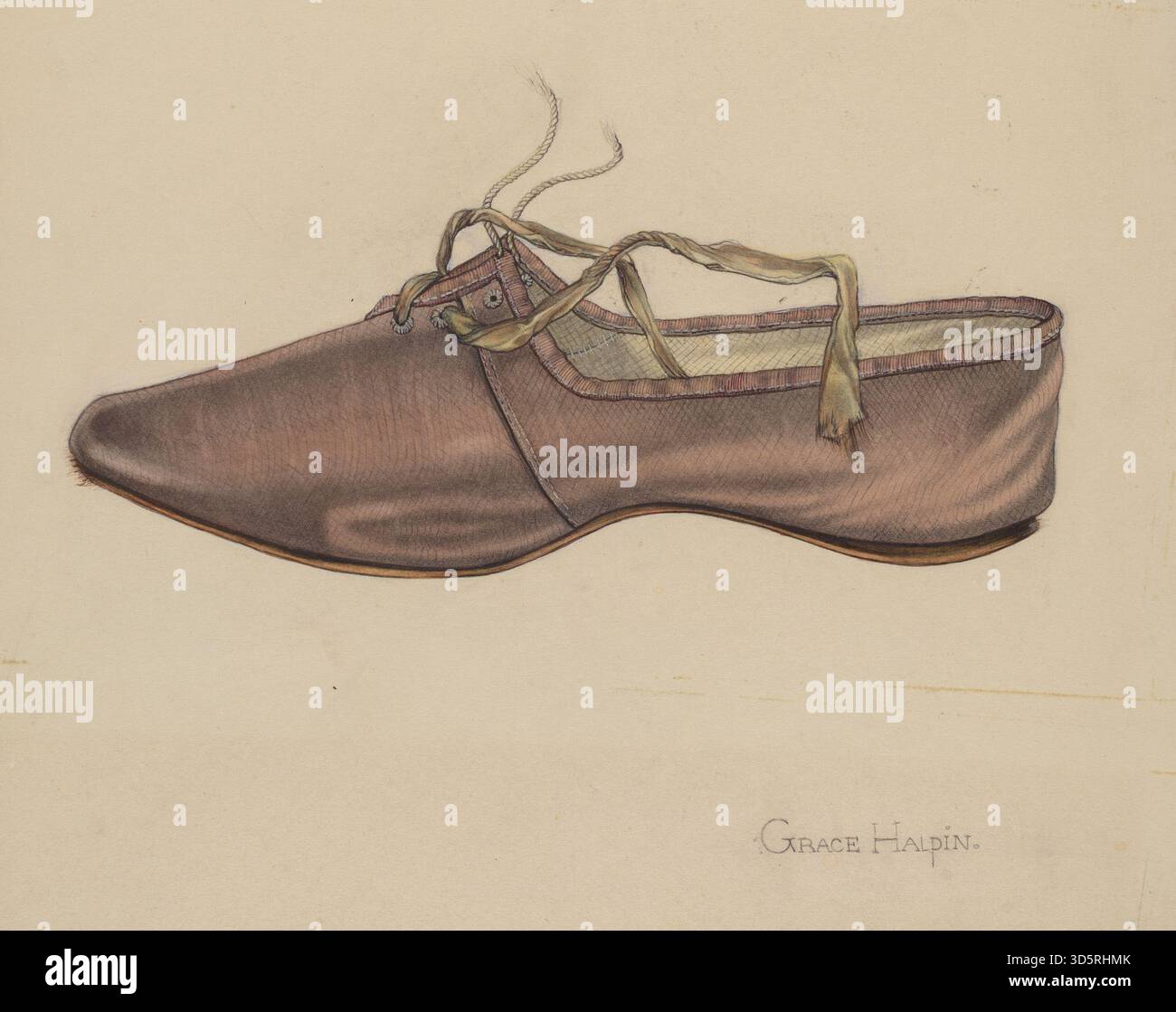 Cette pantoufle circa 1937 de Grace Halpin est une chaussure en textile et cuir conçue pour une utilisation en intérieur. La pièce met en valeur le confort, le design pratique et l'artisanat typique des chaussures domestiques de l'époque. Banque D'Images