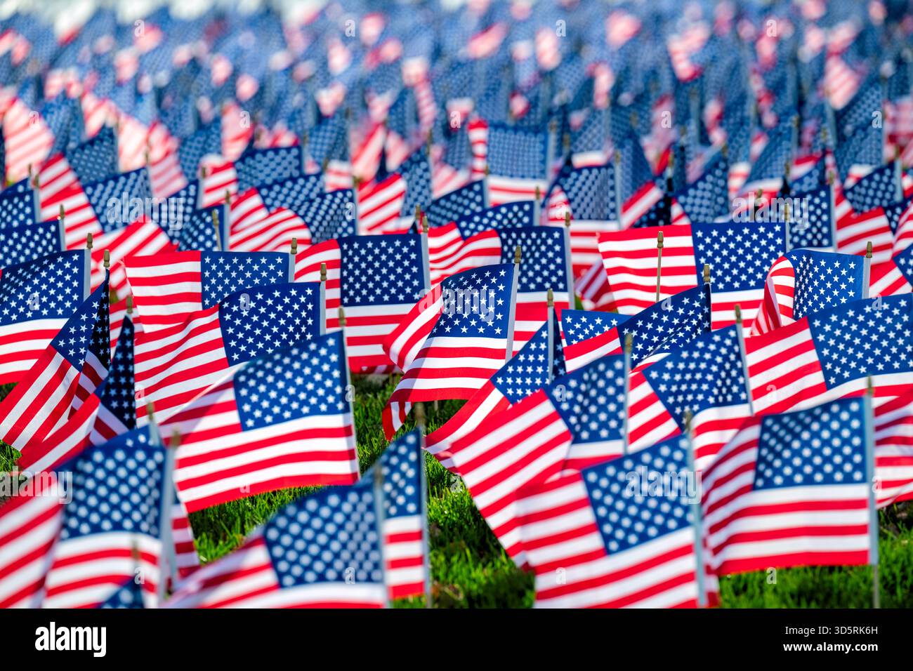 Drapeaux américains sur le National Mall Washington DC // WASHINGTON DC — de nombreux petits drapeaux américains sont plantés en rangées sur le National Mall. Ces affichages de drapeaux sont un spectacle commun, honorant les anciens combattants et les militaires tombés au combat. Ils commémorent également les fêtes patriotiques comme le jour du souvenir, le jour de l'indépendance et le jour des anciens combattants. Le National Mall, un parc national situé dans le centre-ville de Washington DC, est un lieu de prédilection pour les célébrations et commémorations nationales. Banque D'Images