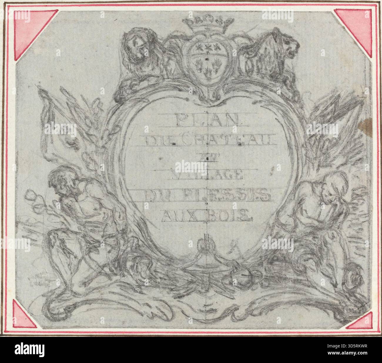 Cette illustration du XVIIIe siècle par Hubert François Gravelot montre un cartouche de titre décoratif pour une carte du Château et du village du Plessis au bois, représentant des éléments ornementaux, des lettres, des figures humaines ou animales et un contexte cartographique. Banque D'Images