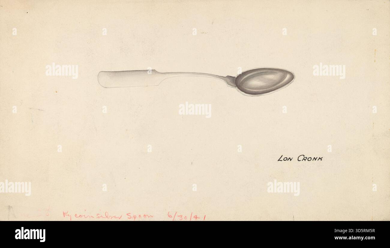 Cette cuillère, fabriquée par Lon Cronk entre 1935 et 1942, est un ustensile fonctionnel avec un manche lisse et un bol, adapté pour manger ou servir des aliments, reflétant les pratiques de design utilitaire de l'époque. Banque D'Images