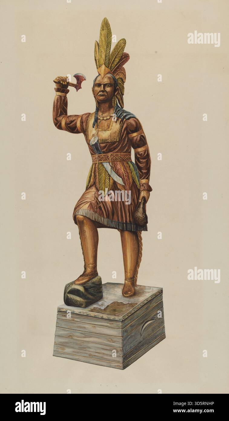 Ce magasin de cigares indien par Einar Heiberg, daté de 1935-1942, est une figure en bois sculptée représentant un amérindien, montrant coiffe, pose, traits du visage, peinture, et l'artisanat typique de la signalétique commerciale américaine du début du XXe siècle. Banque D'Images