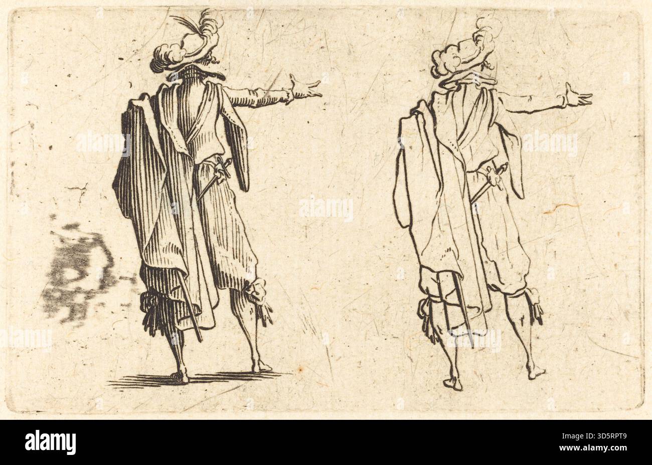 La gravure de Jacques Callot de 1622 montre un homme vu de derrière avec le bras droit tendu, mettant l’accent sur le geste, la proportion du corps et l’utilisation de lignes et d’ombres dans une composition de figures. Banque D'Images