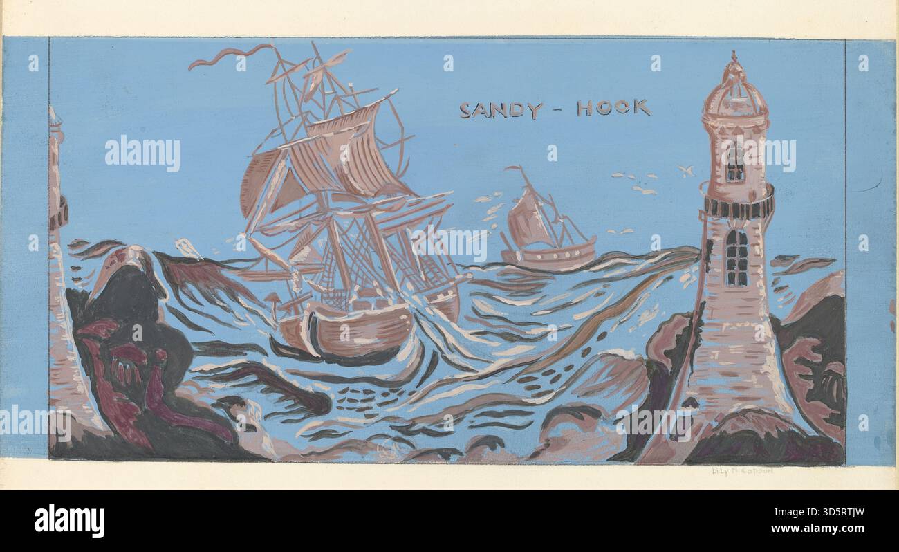 Boîte à banderoles d'Amérique du XXe siècle, datée entre 1935 et 1942, en carton léger, de forme cylindrique, utilisée pour ranger des chapeaux ou de petits objets, avec couvercle amovible, construction simple et décoration de surface peinte ou imprimée. Banque D'Images