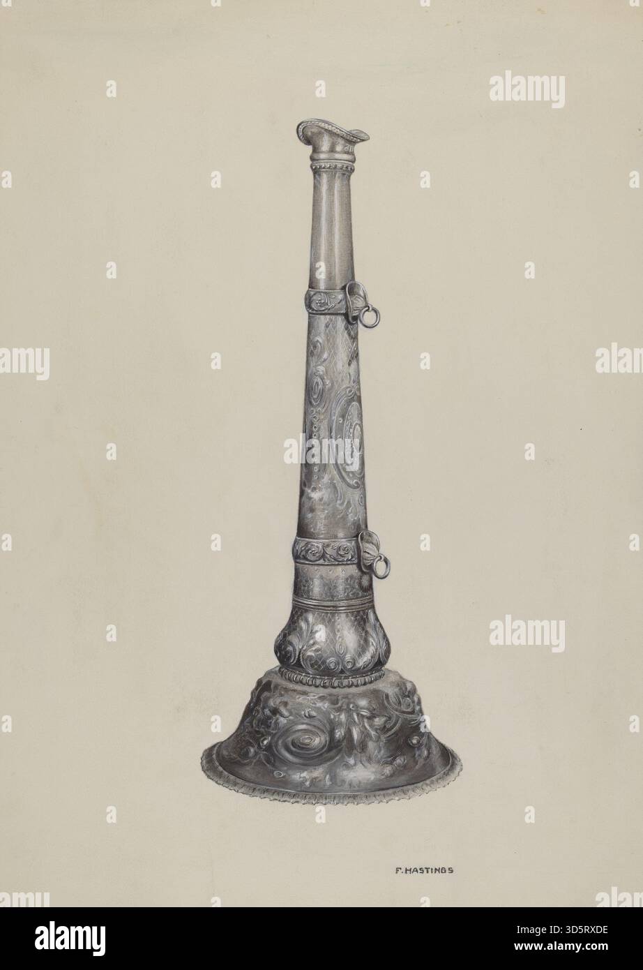 La trompette de pompier de Florence Hastings vers 1937 est un instrument de signalisation métallique utilisé pour la communication, avec une cloche évasée, un corps tubulaire et un design fonctionnel, typique des équipements d'urgence du début du XXe siècle. Banque D'Images