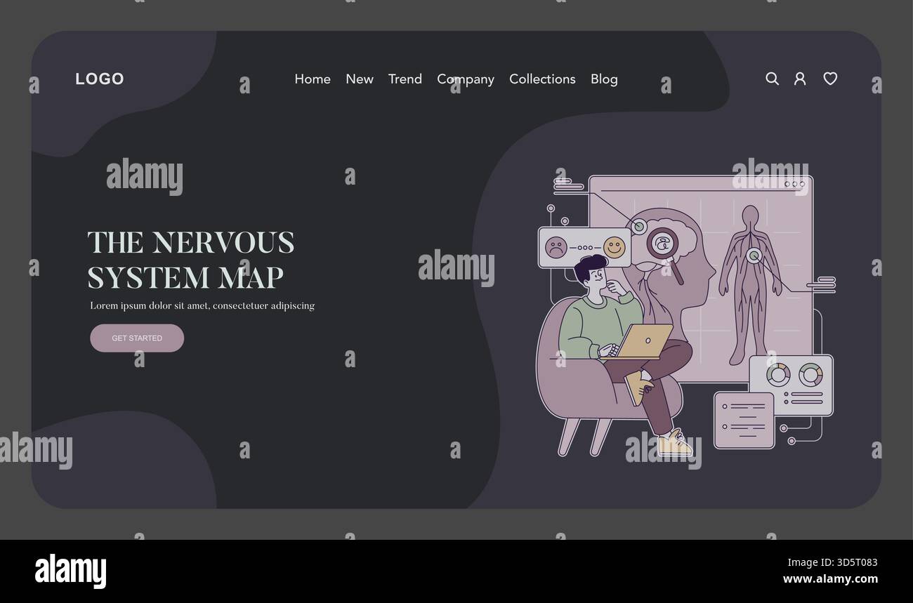 Illustration vectorielle d'une personne analysant une carte numérique du système nerveux sur un ordinateur portable. La scène comprend des icônes représentant diverses émotions et un diagramme anatomique humain. Illustration de Vecteur