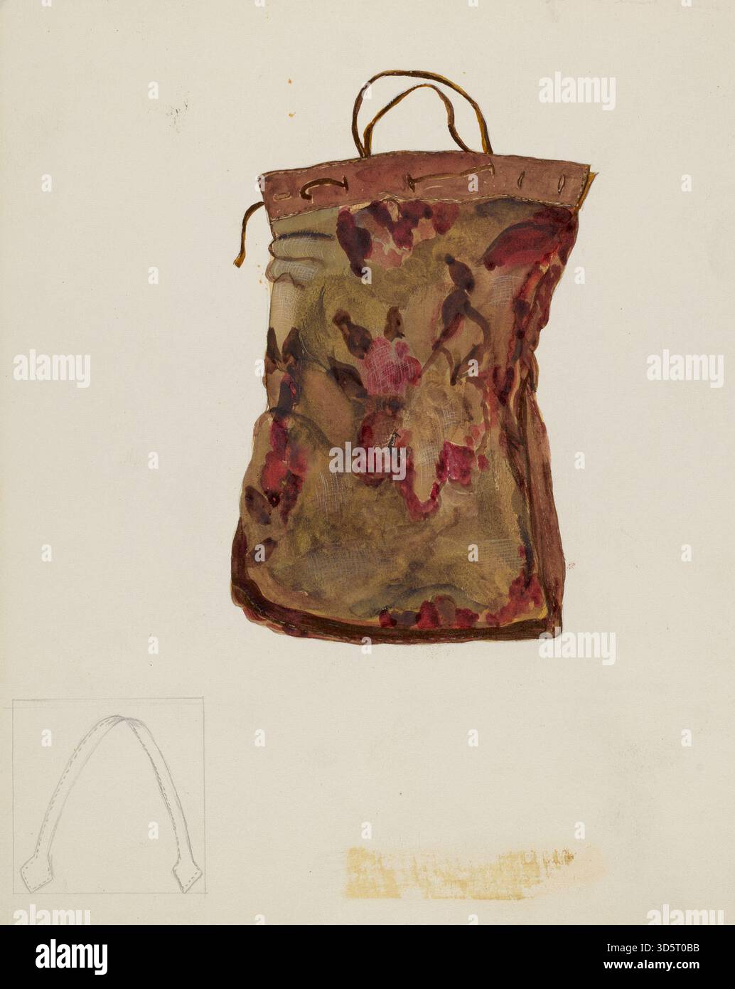 Un sac de tapis créé par Edna C. Rex vers 1937, fabriqué à partir de tissu tissé avec des poignées renforcées. Il était utilisé pour transporter des objets personnels et est caractéristique des bagages portables du début du XXe siècle. Banque D'Images