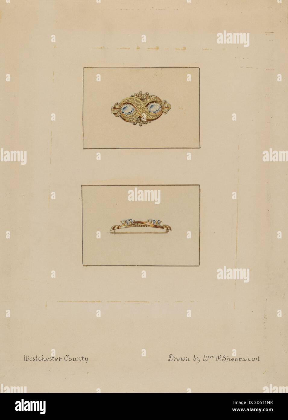La broche de William P. Shearwood, datant de 1936, présente une construction en métal, une décoration en émail et des détails complexes, caractéristiques de l'artisanat de joaillerie de l'époque. Banque D'Images