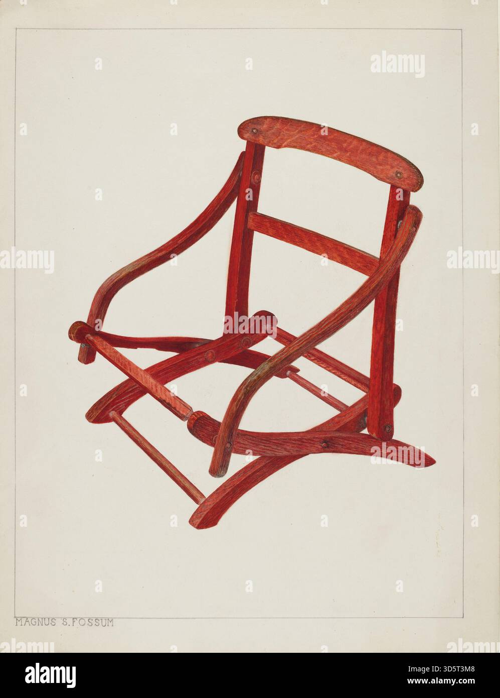 Chaise pliante pour enfant conçue par Magnus S Fossum circa 1938. La chaise en bois comprend un mécanisme de pliage, un petit siège, un dossier et une construction légère typique des meubles fonctionnels du milieu du XXe siècle. Banque D'Images